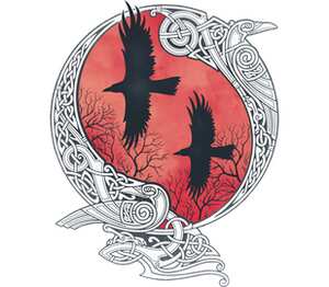 Кельтский узор ворона Хугин и Мунин кружка с кантом (цвет: белый + синий)