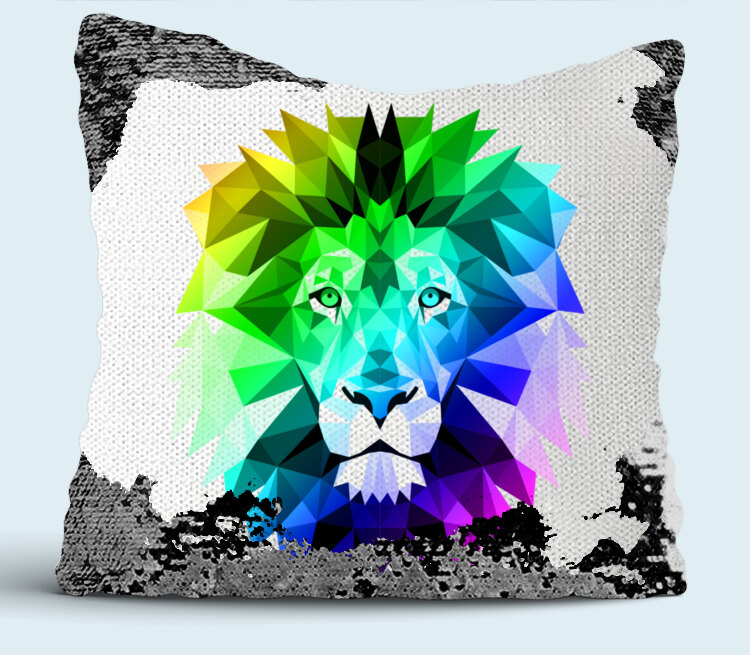 Полигональный Лев подушка с пайетками (цвет: белый + черный)