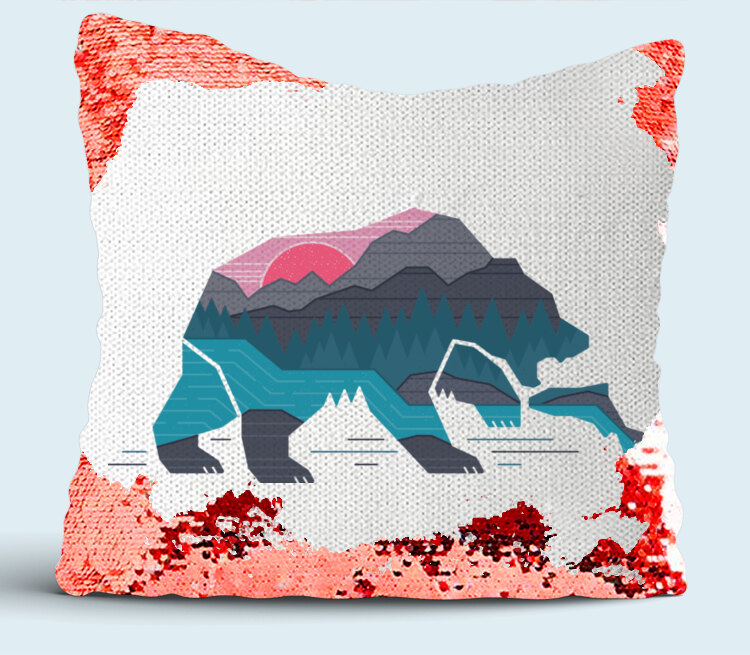 Медведь на рыбалке подушка с пайетками (цвет: белый + красный)