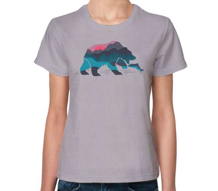 Медведь на рыбалке женская футболка с коротким рукавом (цвет: серый меланж)