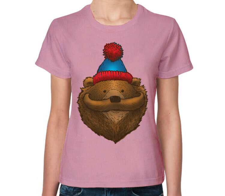 Медведь с усами женская футболка с коротким рукавом (цвет: розовый меланж)