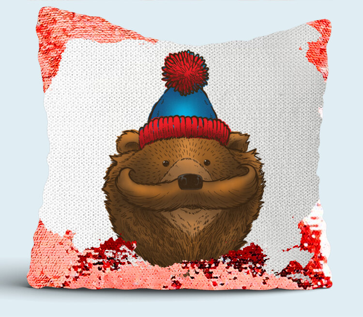 Медведь с усами подушка с пайетками (цвет: белый + красный)