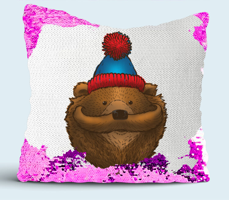 Медведь с усами подушка с пайетками (цвет: белый + сиреневый)