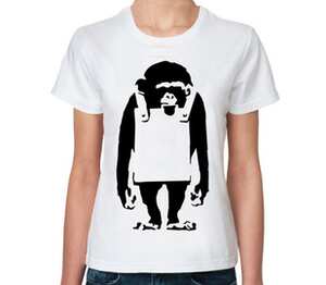 Шимпанзе с рекламным щитом женская футболка с коротким рукавом (цвет: белый)