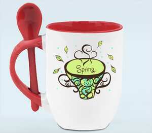 Зеленый чай кружка с ложкой в ручке (цвет: белый + красный)