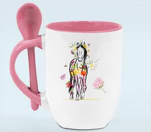 horse кружка с ложкой в ручке (цвет: белый + розовый)