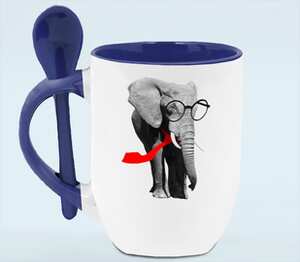Ученый слон кружка с ложкой в ручке (цвет: белый + синий)