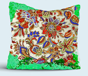 Floral - цветочный узор подушка с пайетками (цвет: белый + зеленый)