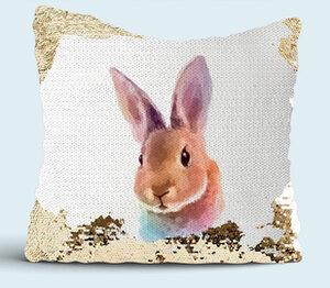 Акварельный заяц подушка с пайетками (цвет: белый + золотой)