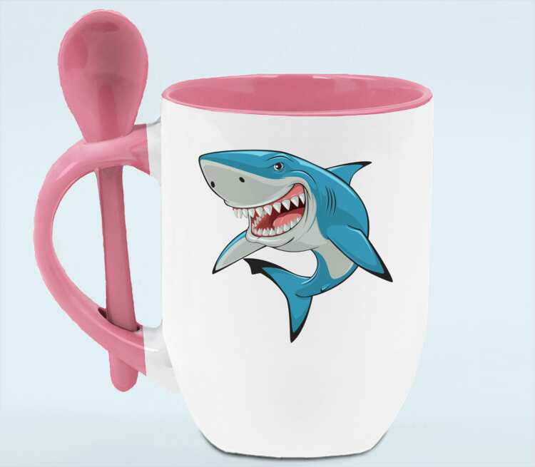 Злобная акула кружка с ложкой в ручке (цвет: белый + розовый)