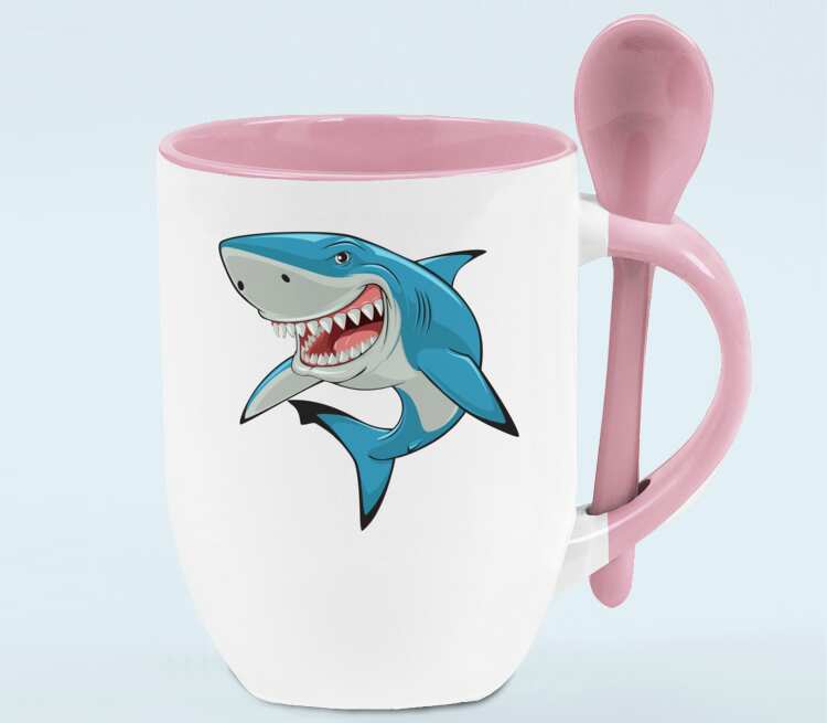 Злобная акула кружка с ложкой в ручке (цвет: белый + розовый)