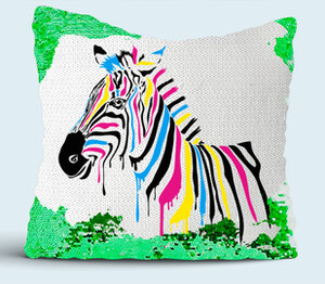 Зебра с разноцветными полосками подушка с пайетками (цвет: белый + зеленый)