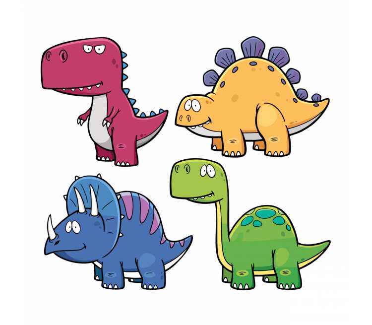 Четыре мультяшных динозаврика кружка двухцветная (цвет: белый + синий)
