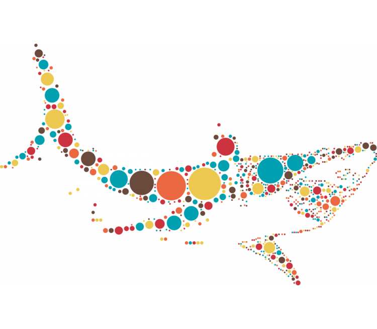 Яркая акула из кругов кружка с ручкой в виде дельфина (цвет: белый + синий)