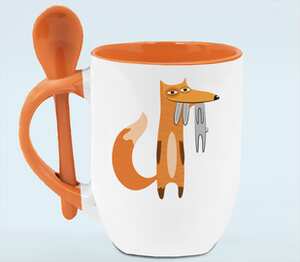 Лисичка и зайчик кружка с ложкой в ручке (цвет: белый + оранжевый)