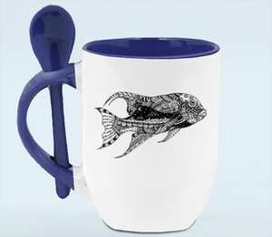 Фантастическая рыба кружка с ложкой в ручке (цвет: белый + синий)