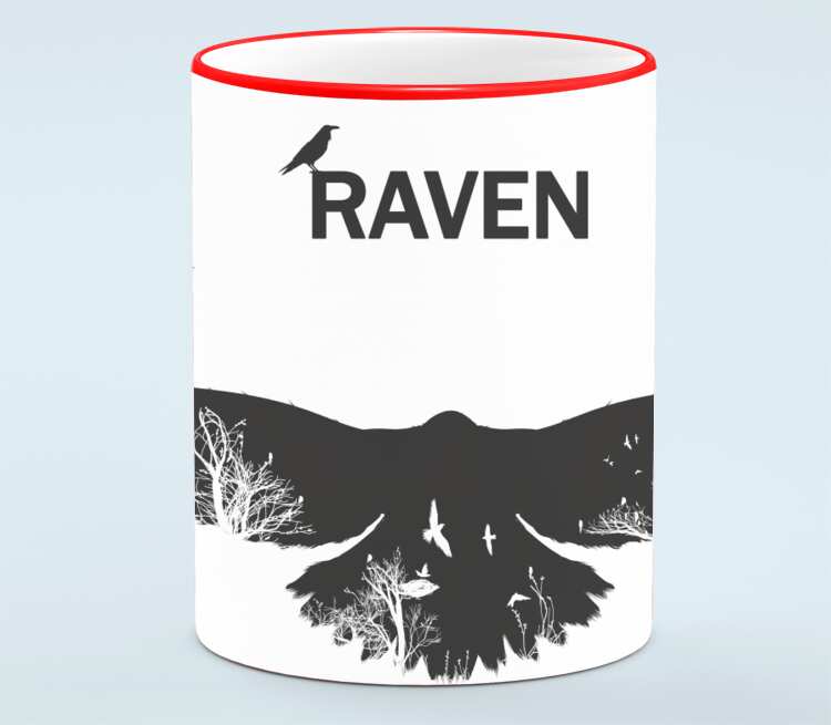 Ворон (raven) кружка с кантом с полной запечаткой (цвет: белый + красный)