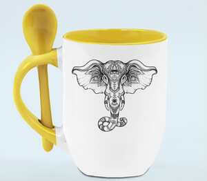 Мандала с головой слона кружка с ложкой в ручке (цвет: белый + желтый)