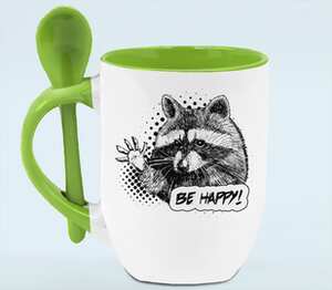 Енот - будь счастлив (be happy) кружка с ложкой в ручке (цвет: белый + зеленый)