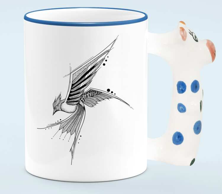 Рисованная птица кружка с ручкой в виде коровы (цвет: белый + синий)