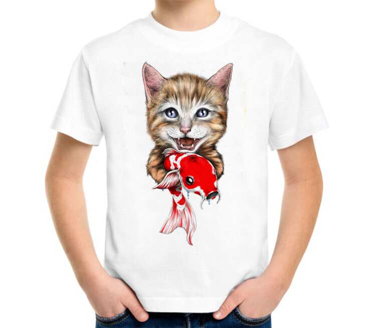 Котик с рыбкой детская футболка с коротким рукавом (цвет: белый)