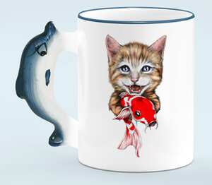 Котик с рыбкой кружка с ручкой в виде дельфина (цвет: белый + синий)