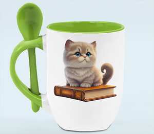 Котенок на книге кружка с ложкой в ручке (цвет: белый + зеленый)