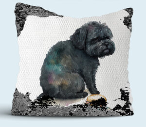 Обиженная собачка с бургером подушка с пайетками (цвет: белый + черный)