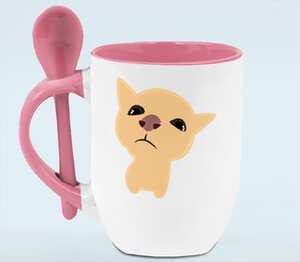 Грустный котик кружка с ложкой в ручке (цвет: белый + розовый)