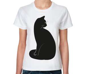 Черная кошка женская футболка с коротким рукавом (цвет: белый)