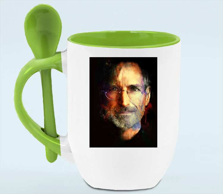 Стив Джобс кружка с ложкой в ручке (цвет: белый + зеленый)