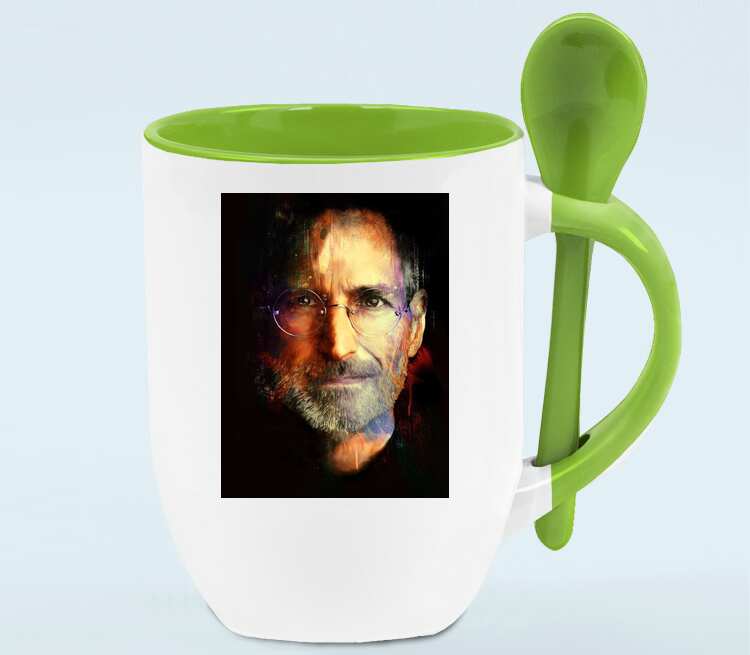 Стив Джобс кружка с ложкой в ручке (цвет: белый + зеленый)