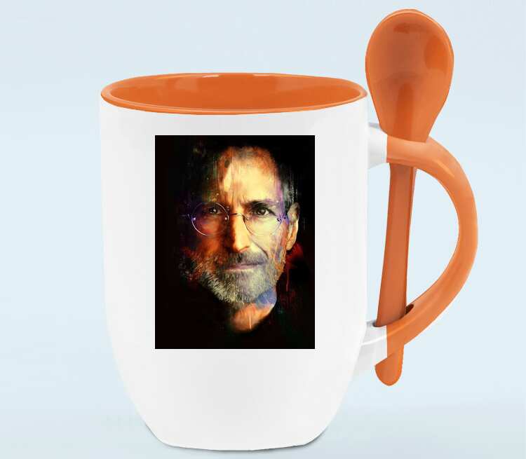 Стив Джобс кружка с ложкой в ручке (цвет: белый + оранжевый)
