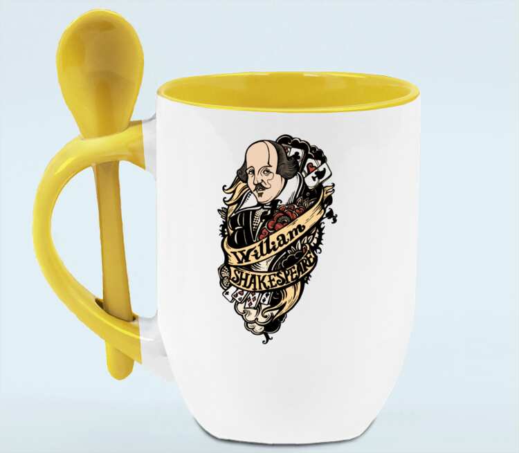 Уильям Шекспир кружка с ложкой в ручке (цвет: белый + желтый)