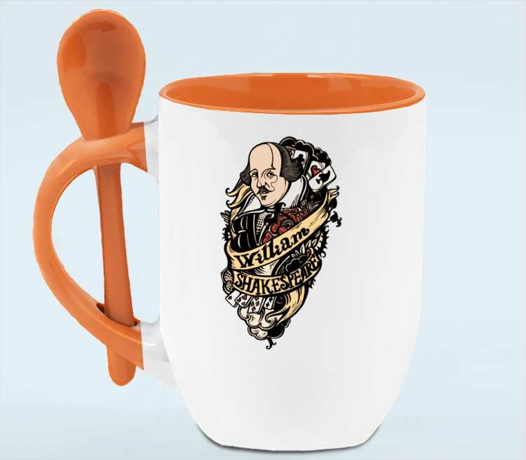 Уильям Шекспир кружка с ложкой в ручке (цвет: белый + оранжевый)
