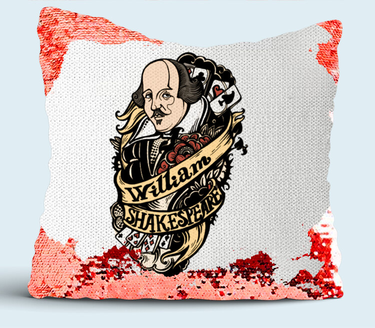 Уильям Шекспир подушка с пайетками (цвет: белый + красный)