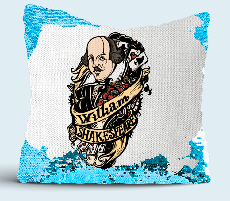 Уильям Шекспир подушка с пайетками (цвет: белый + синий)