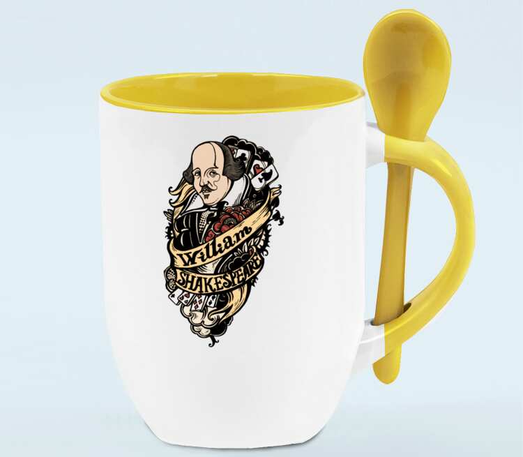 Уильям Шекспир кружка с ложкой в ручке (цвет: белый + желтый)