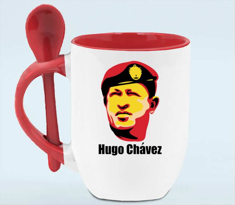 Уго Чавес кружка с ложкой в ручке (цвет: белый + красный)