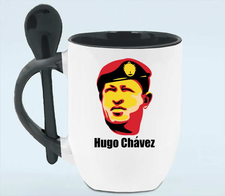 Уго Чавес кружка с ложкой в ручке (цвет: белый + черный)