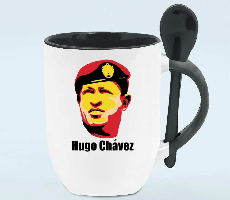 Уго Чавес кружка с ложкой в ручке (цвет: белый + черный)
