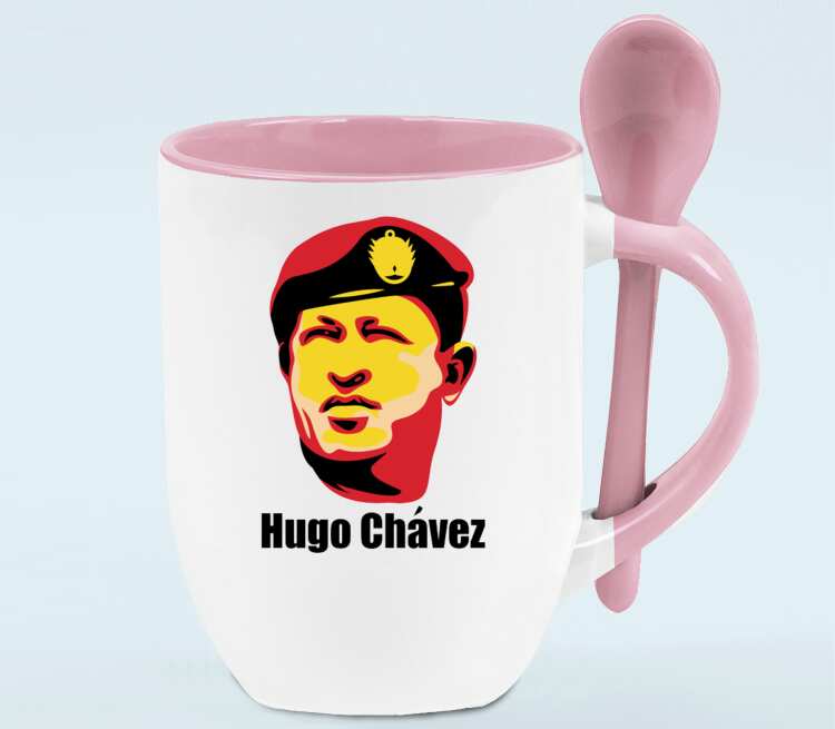 Уго Чавес кружка с ложкой в ручке (цвет: белый + розовый)