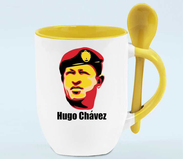 Уго Чавес кружка с ложкой в ручке (цвет: белый + желтый)