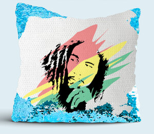 Боб Марли  подушка с пайетками (цвет: белый + синий)