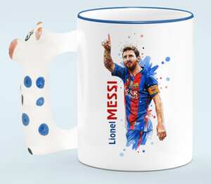 Месси Лионель (Lionel Messi) кружка с ручкой в виде коровы (цвет: белый + синий)