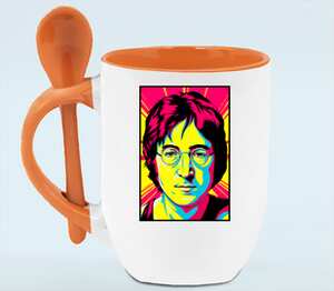 Джон Леннон кружка с ложкой в ручке (цвет: белый + оранжевый)