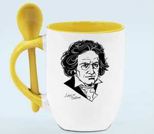 Людвиг ван Бетховен кружка с ложкой в ручке (цвет: белый + желтый)