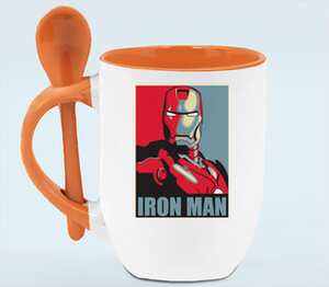 Железный человек - Iron Man кружка с ложкой в ручке (цвет: белый + оранжевый)