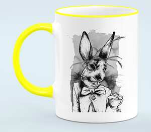 Сумасшедший кролик кружка с кантом (цвет: белый + желтый)