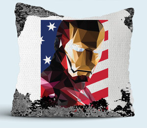 Железный человек на фоне флага США подушка с пайетками (цвет: белый + черный)